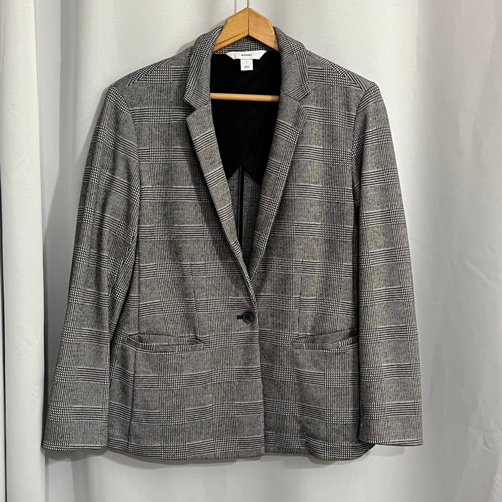 Old Navy Blazer Womens L Black White Glen Plaid Single Button Academia Office - Picture 1 of 13